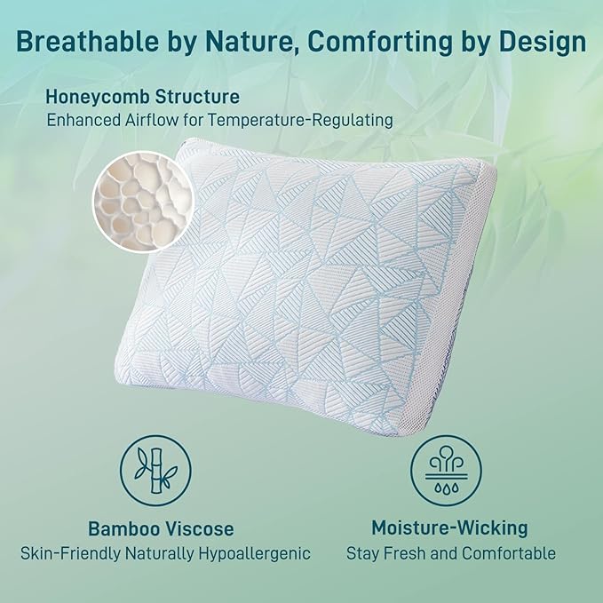 Cotelovo Shredded Memory Foam Cooling Soft Bamboo Viscose Pillows Adjustable Hypoallergenic Hotel Quality Pillows for Stomach, Back or Side Sleeper, Oeko-TEX Certified Queen Size Set of 2