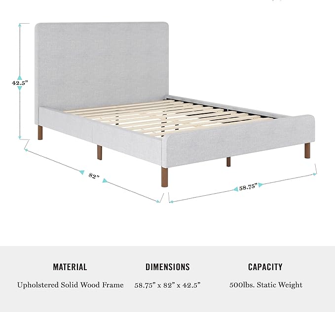 Martha Stewart Britta Platform Bed with Headboard & Footboard, Faux Linen Upholstery with Piping Detail, Rounded Headboard, No Box Spring Needed, Full, Gray