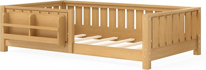 Bellemave Twin Size Kids Montessori Bed with Bookshelf,Solid Wood Twin Floor Bed Frame with Fence and Slats for Girls Boys,Low-Profile,Light Natural