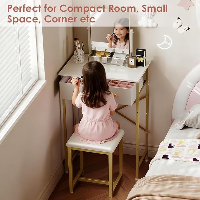 X-cosrack Small Makeup Vanity Desk with Mirror & Chair, Mini Vanity Desk Table Set with Fabric Storage Drawer, 19.7" Compact Vanity Desk for Girls, Dressing Table with Chair for Bedroom, White Golden