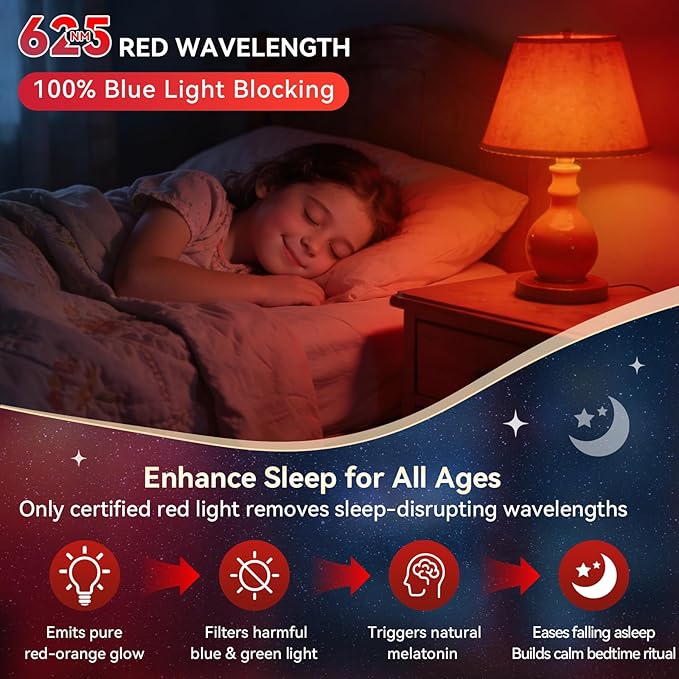 Neporal 625nm Red Light Bulbs for Sleep, 100% Blue Light Blocking Light Bulbs for Melatonin Promoting, A19 LED 9W 60W Equivalent Red Night Light Bulb for Baby Nursery, Sleeping, Reading, 6-Pack