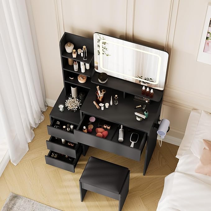 Vanity Desk with Mirror and Lights - 36" Vanity Table Set with 4 Drawers, Power Outlet, USB Ports, Stool, Dressing Table with 3 Lighting Color Adjustable for Bedroom, Women,