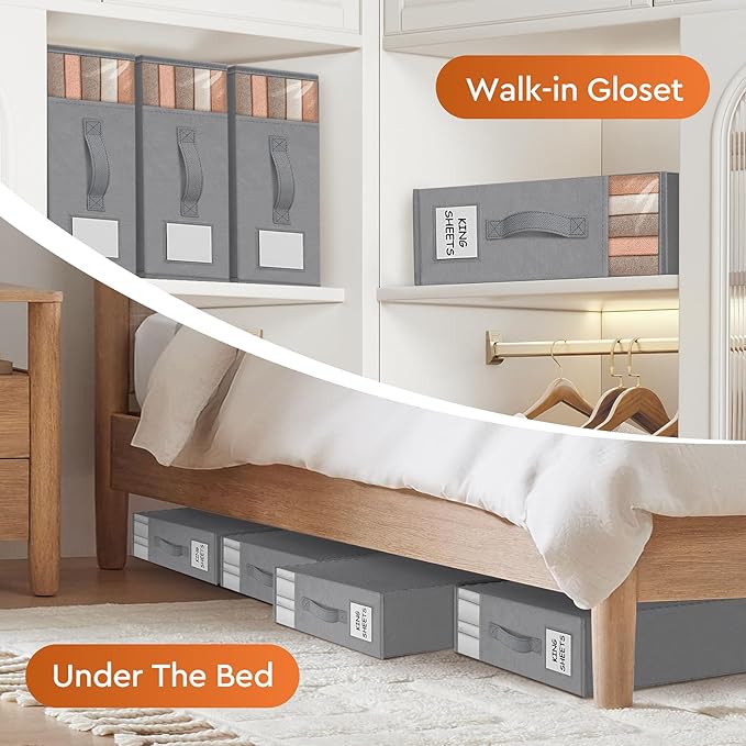 StorageTastic 2 Pack Bed Sheet Closet Organizers and Storage,Sturdy Foldable Storage Containers with Window and Label,Storage and Organization for Bedding Sheets,Duvet Covers,Blankets (Grey)