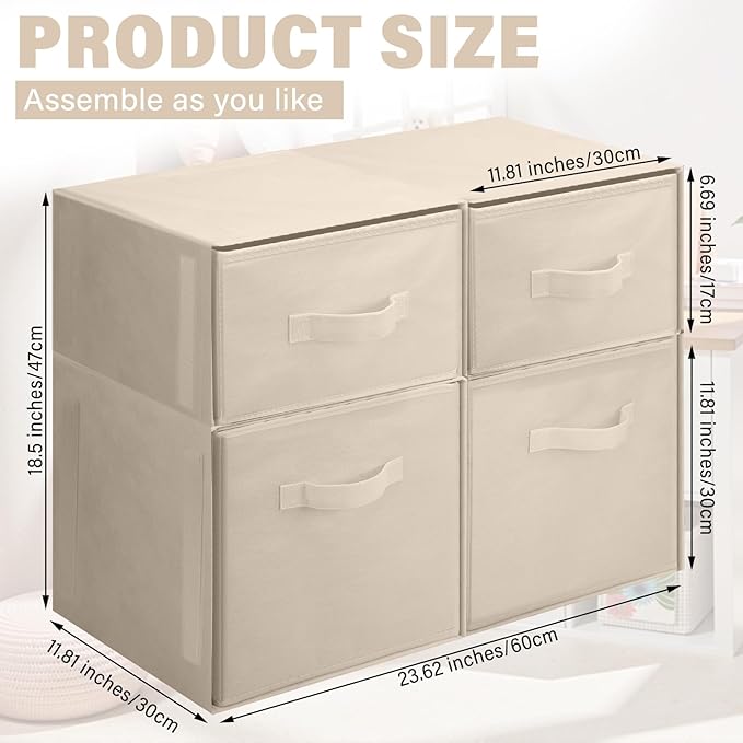 Weysat 4 Cube Stackable Under Dorm Bed Storage Container Foldable Closet Drawer Organizer Fabric Storage Cube Bins for Dorm Essentials College Closet Bedroom Living Room Nursery(Beige,18.5 Inch)