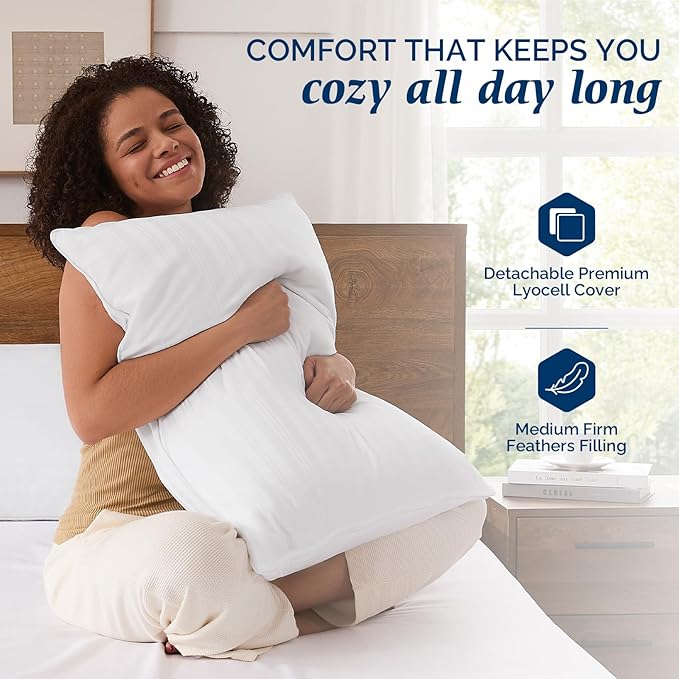 downluxe Goose Feather and Down Pillows - Hotel Collection Feather Pillows Set of 2 for Back, Stomach or Side Sleepers, King Size (20"x36")