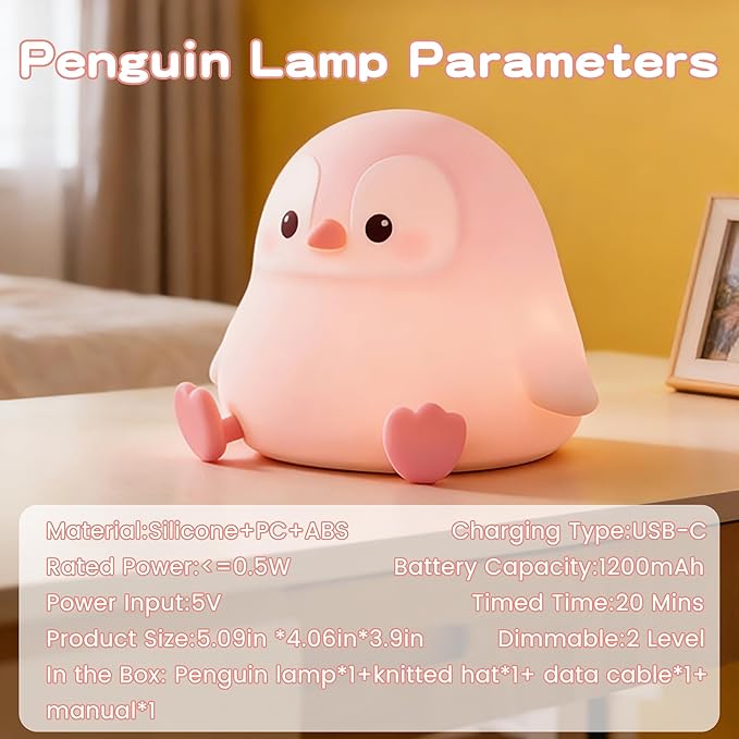 Penguin Night Light for Kids,Cute Pink Penguin Lamp,Soft Silicone Nursery Night Light,LED Squishy Novelty Animal Bedside Lamp,Rechargeable/Dimmable/Timer,Room Deco,Christmas Gifts for Mom Girls Baby