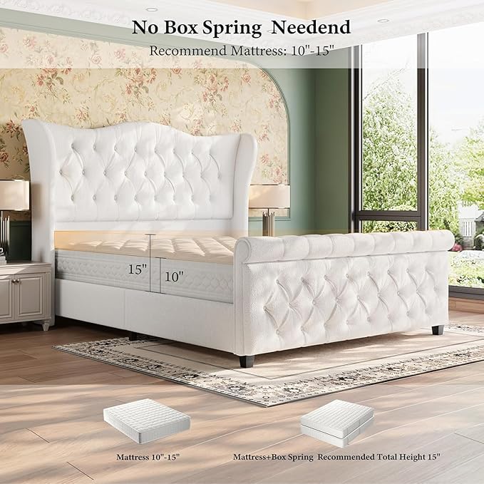 koorlian King Size Bed Frame,Chenille Upholstered Sleigh Bed with Scroll Wingback Headboard & Footboard,Luxury & Soft Button Tufted Modern Bed,Easy Assembly,No Box Spring Needed