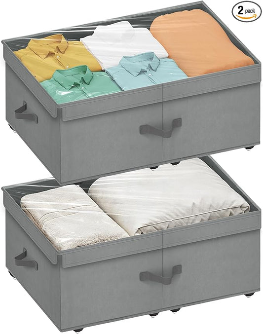 Large Under Bed Storage with Wheels, 10" Height Rolling Underbed Storage Containers Bins with Lid, Deep No-Assembly Under Dorm Bed Storage Drawers for Shoes, Clothes, Blankets (2 Pack, Grey)