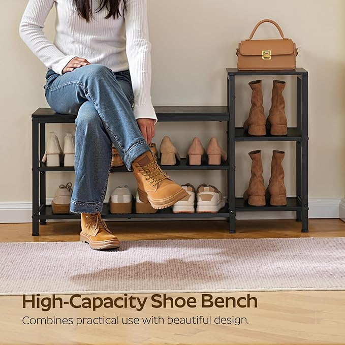 YATINEY 3-Tier Shoe Rack Bench, Wooden Shoe Storage Bench, Industrial Entryway Bench with Storage, Multi-Functional Shoe Rack with Seat for Bedroom, Hallway, Living Room, Black HX05BB