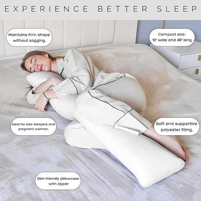 Body Pillow for Side Sleeper, 9x48 Inches Full Body Pillow with Cover, Made with Soft Material and Filled with Polyester for Adults, Adjustable Inner Core, (Pillow with White Cover)