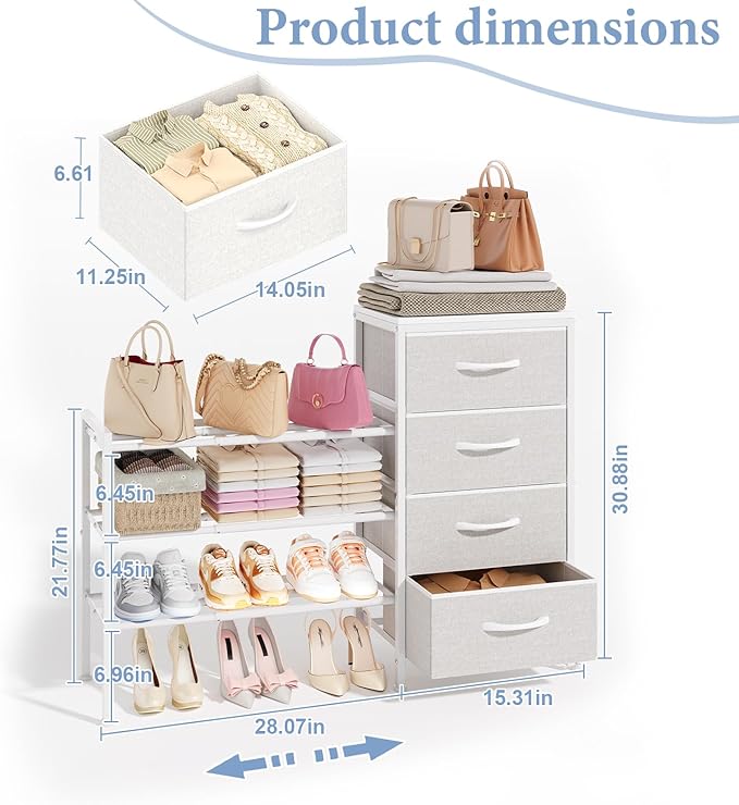 Cidaziya Expandable Closet Organizers and Storage, 4 Drawer Dresser, White Fabric Storage Dresser, Clothes Shelves for Kids, Purse Organizer Small Shoe Rack for Closet Bedroom