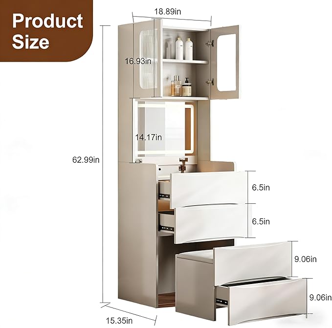 Casaphoria White 3-in-1 Vanity Desk with Mirror and Lights, 18.9 Inch Makeup Dressing Table with 3 Drawers & Storage Stool for Bedroom