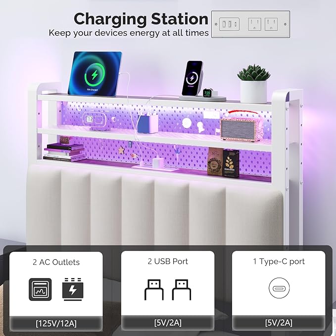 VINGLI Twin/XL LED Headboard with Storage Shelves & Charging Station, Upholstered Metal Head Board with RGB Lights, USB Ports and Power Outlet for Kids Room, Small Bedroom, Dorm and College Bedroom