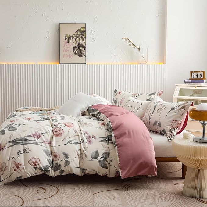 OAITE Duvet Cover Set Queen Size Floral Pattern 600 Thread Count Ultra Soft 100% Long Staple Cotton Duvet Cover Sets 3-PC, Breathable Duvet Cover with Zipper Closure & Corner Ties