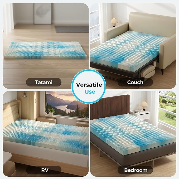 DUMOS 2 Inch Memory Foam Mattress Topper Queen, 5-Zone Cooling Gel Infused Pressure Relief Bed Topper for Back & Hip Pain, Soft Dorm RV Camping Mattress Pad, Blue