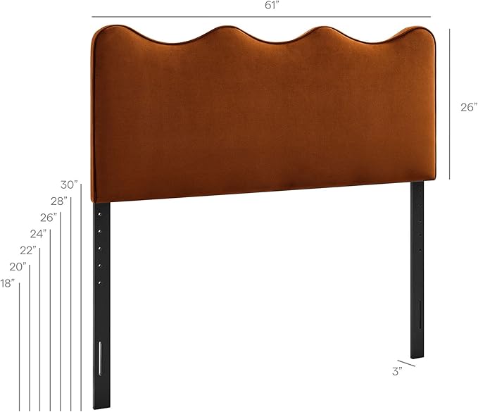 Monday Athena Queen Size Performance Velvet Adjustable Headboard in Rust - with Scalloped Wave Design and Stain-Resistant Velvet Upholstery