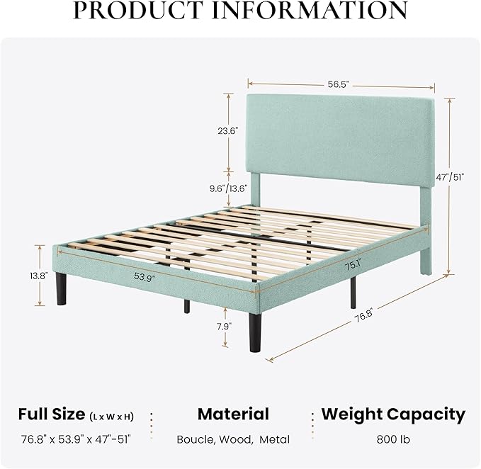 SHA CERLIN Full Size Platform Bed Frame with Adjustable Headboard and Wooden Slats Support, Boucle Upholstered Mattress Foundation, No Box Spring Needed, Easy Assembly, Ice Blue