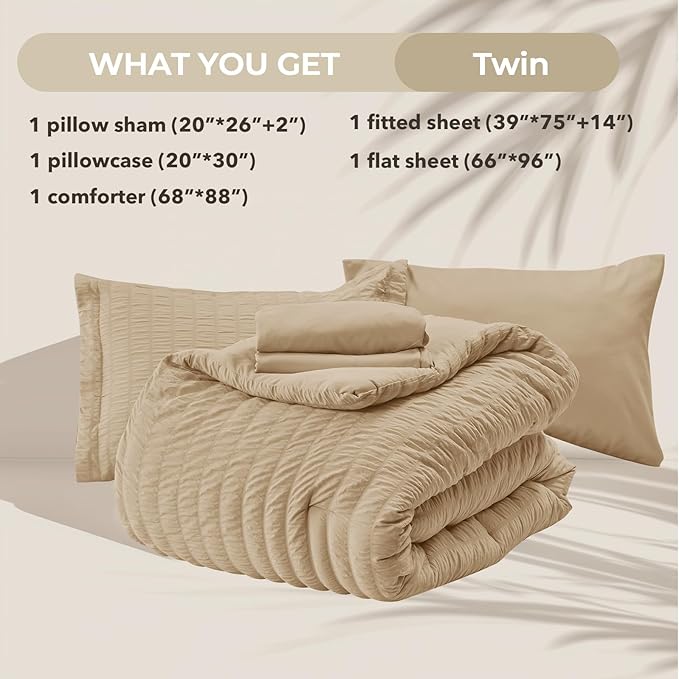 HYMOKEGE Khaki Twin Comforter Set Seersucker 5 Pieces, All Season Luxury Bed in a Bag for Bedroom, Bedding Set with Comforter, Sheets, Pillowcase & Sham