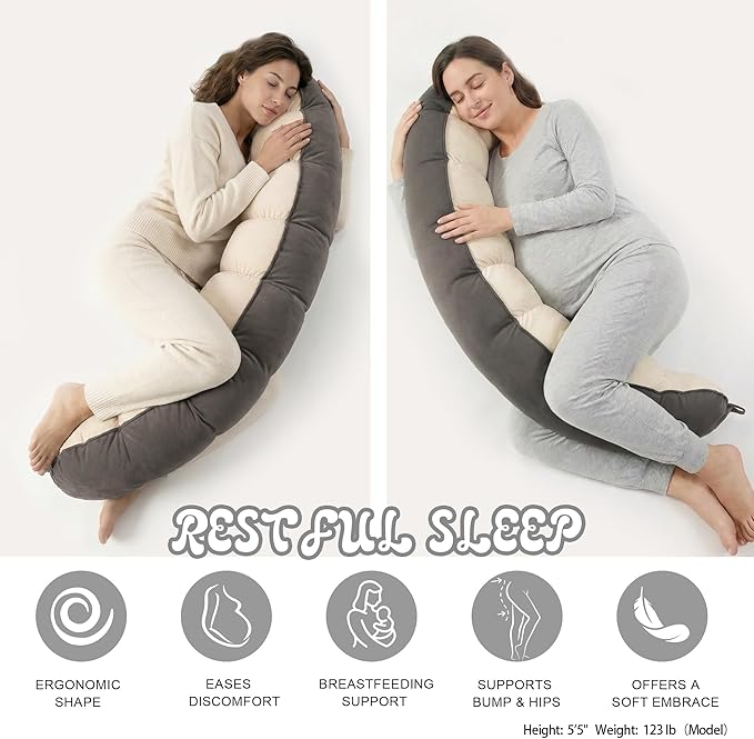 Peallow(Pat. Pend) – Long Round Body Pillow for Adults, Bolster Pillow for Sleeping, Soft and Supportive Pillow for Sleeping & Lumbar Support (Gray-White, 59")