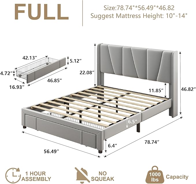 Full Bed Frame with Storage Drawers, Velvet Upholstered Platform Bed with 47" Tall Headboard and Wingboard, No Box Spring Needed, Noise Free, Easy Assembly, Wooden Support Slats, Light Grey