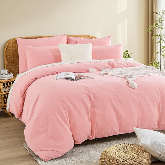 NEXHOME PRO Duvet Cover Queen 100% Washed Cotton, Organic Natural Linen Like Textured, Breathable, Durable, Home Bedding Set, Heathered Pink 9090