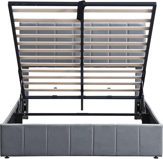 Harper & Bright Designs Upholstered Full beds Gas Lift Up Storage Platform Bed Frame with Tufted Headboard Wooden Slat Support and Under Bed Storage, Grey