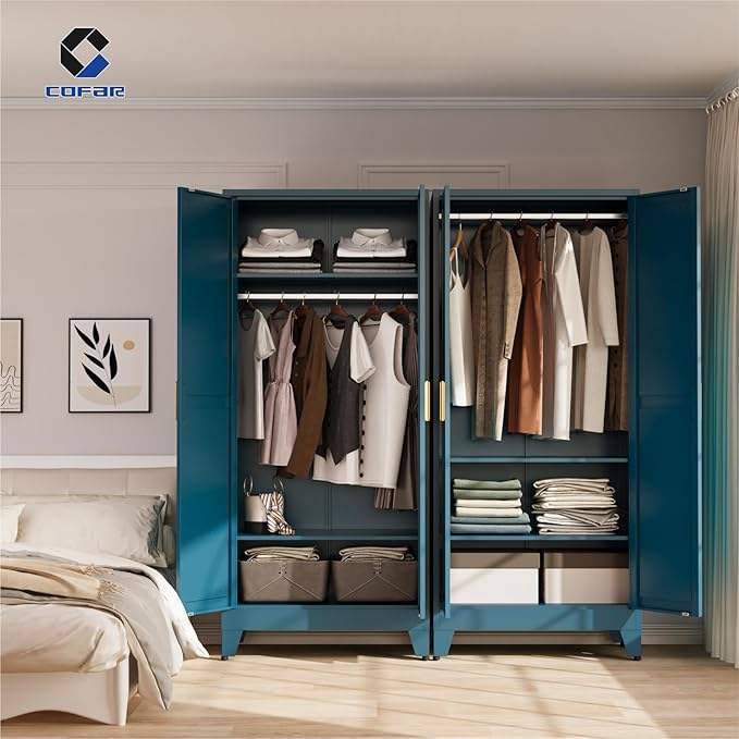COFaR 71'' Metal Armoire Wardrobe Closet, Steel Wardrobe Cabinet with Adjustable Hanging Rod and Shelves, 2 Doors Farmhouse Closet Storage for Bedroom Garage Office, Peacock Blue