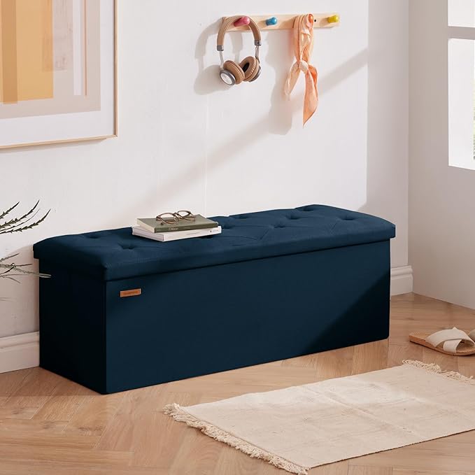 HAUSFRAU Storage Ottoman Bench with Flipping Lid, 43.3 Inches Storage Chest Footsrest, Folding Foot Stool for Entryway, Living Room, Bedroom, Linen Navy Blue