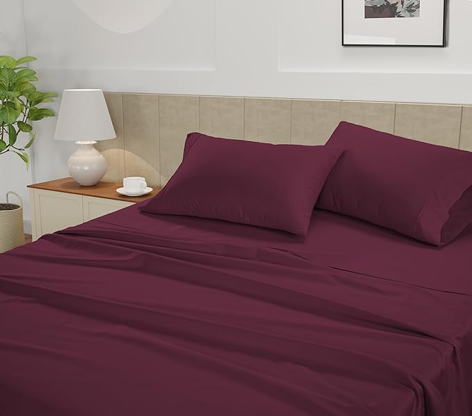 LANE LINEN King Size Bed Sheets Set - 450 Thread Count Sateen Weave for Smooth & Silky Feel On Skin - Breathable 100% Cotton Sheets for Single Beds - Fits Mattresses Upto 15'' Deep - Windsor Wine