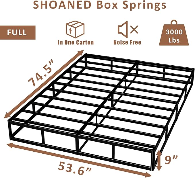 SHOANED Metal Box Spring Full Size - 9 Inch High Profile Heavy Duty Black Bed Base Non Slip Mattress Foundation Box Springs for Full Bed, Easy Assembly, No Noise