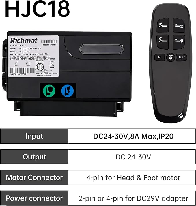 Richmat Adjustable Bed Control Box HJC18 with Bed Remote Replacement, for Round 4 Pin Head and Foot Motor Only