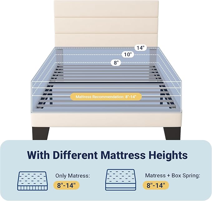 Allewie Twin Size Platform Bed Frame with Fabric Upholstered Headboard and Wooden Slats Support, Fully Upholstered Mattress Foundation/No Box Spring Needed/Easy Assembly, Cream