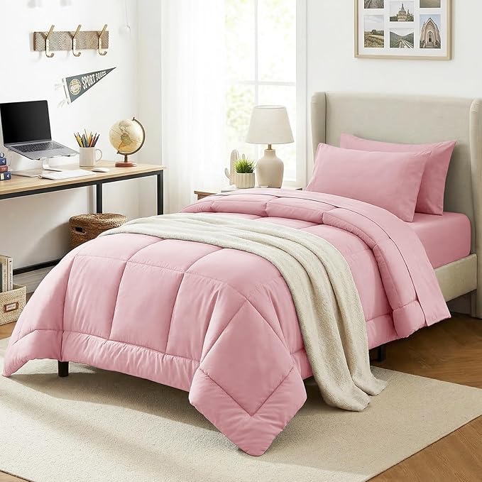 CozyLux Twin XL Comforter Set Pink, 5 Pieces Twin Extra Long Bed in a Bag for College Dorm, All Season Bedding Set with Stitch Quilted Comforter, Flat Sheet, Fitted Sheet, Pillowcases
