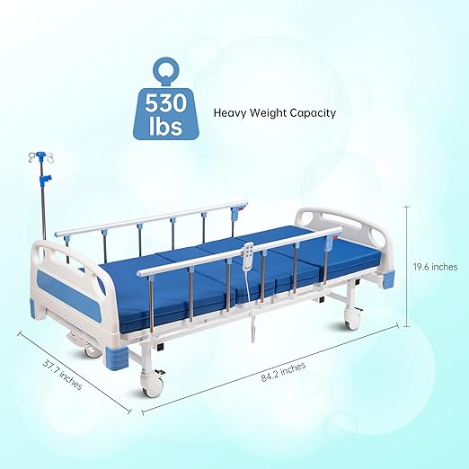 Real Relax Premium 2 Function Full Electric Hospital Bed, ICU Electric Medical Bed with 4 inch Foam Mattress & IV Pole, Dining Table Board and 5 inch Locking Casters, 530LBS Loading.
