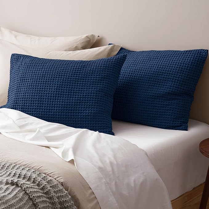 PHF Ultra Soft Waffle Weave Pillowcases Standard Size 20" x 26" 2 Pack, No Insert, Breathable Skin-Friendly Pillow Shams, Decorative Waffle Weave Pillow Case Covers, Navy Blue/Dark Blue