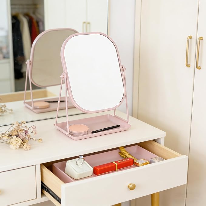 Tstarer Rotating Metal Makeup Mirror with Storage, Vanity Mirror for Desk, Bathroom, Bedroom, Dressing Table (Pink)