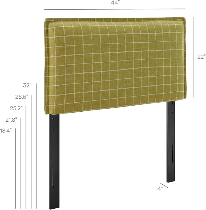 Modway Camille Twin Size Checkered Linen Blend Plaid Headboard with Removable Slipcover – in Artichoke Windowpane Check - Padded Pillow Style Headboard with Adjustable Mounting for Twin Beds
