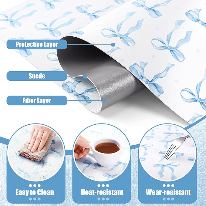 Teenyyou Coquette Bow Makeup Mat for Vanity Top Protector Graduation Gift Dual Side Leather Desk Mouse Pad Girly Waterproof Nonstick Dressing Accessories for Women Home Office(Blue,11.8"x23.6")