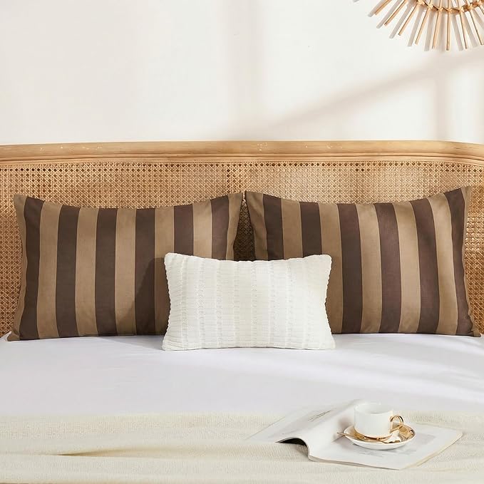 Merryword Standard Size Pillowcases, 100% Cotton Pillow Cases, Brown and Khaki Striped Pillowcases, Soft Breathable Wide Stripes Pillow Covers, Set of 2
