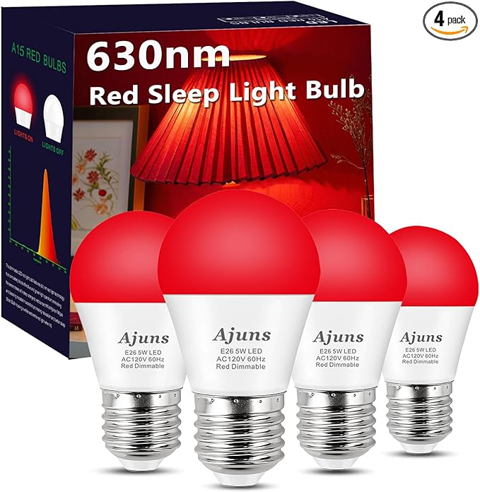 LED Red Sleep Light Bulb Dimmable, 100% Blue Light Blocking Bulb 630nm Promoting Melatonin Red Light Bulbs, A15 5W E26 Base Dim Light Bulbs for Bedroom, Baby Nursery,4 Packs