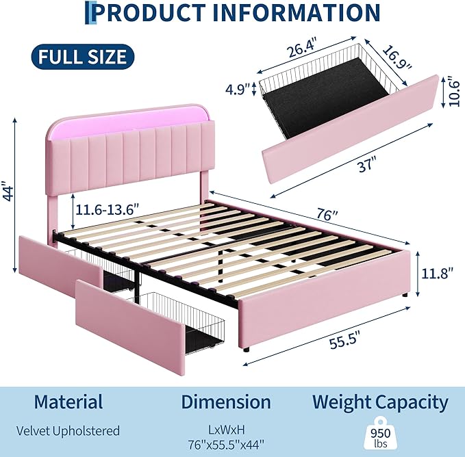 Garvee Full Size Bed Frame with 2 Flexible Drawers, Velvet Upholstered Platform Bed Frame with Bookcase Headboard and LED Lights, Kids Bed for Girls, Easy Assembly, Noise Free, Pink