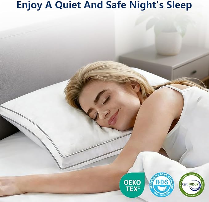 Goose Down Pillow Standard Size - 3-Chamber Gusseted Design for Balanced Neck Support - Luxury Hotel Collection Bed Pillow - Soft Medium Pillow for Side Back Sleepers - 1 Pack (20" x 26")
