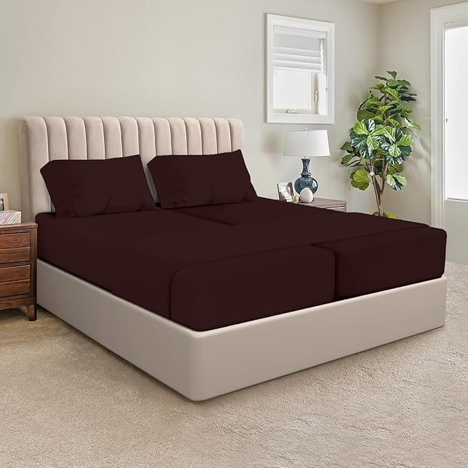 SGI Split King Sheet Set for Adjustable Bed Egyptian Premium Cotton 600 Thread Count Sheets for Sleep Number Bed 15" Deep Pocket 5 Pc Set with 2 Twin XL Fitted Sheets Soft Breathable -Chocolate