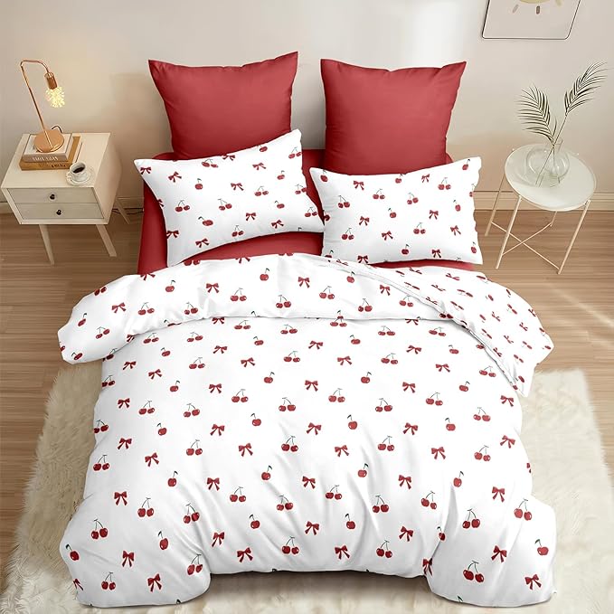 Nayoroom Red Cherry Duvet Cover Queen Size Cute Bow Duvet Cover 3 Pieces Soft Lightweight Microfiber Girls Aesthetic Dorm Bedding Set with Zipper Closure
