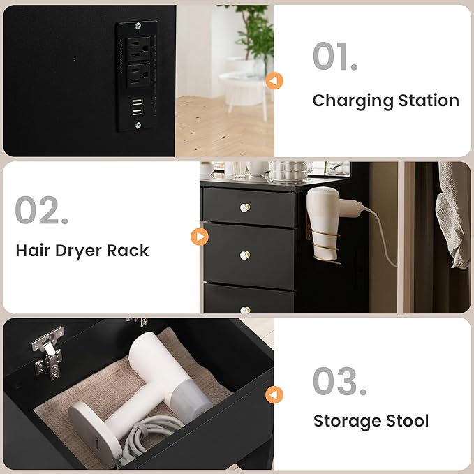 11 Drawers Glass Top Vanity Desk with Chair, Crystal Handles Makeup Vanity with Mirror and Lights, Dressing Table with Power Outlet, Adjustable Lighting Modes, Black