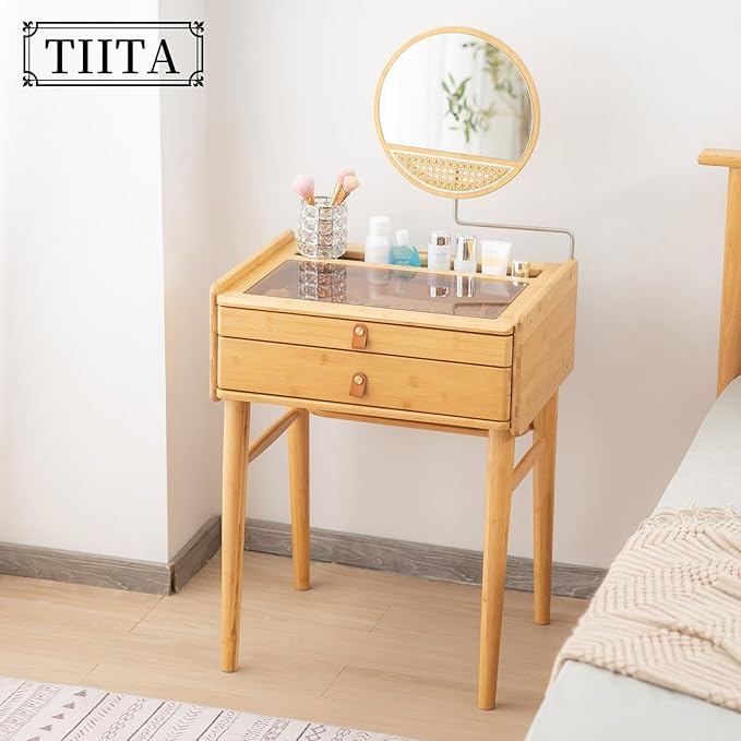 Tiita Vanity Desk, Makeup Vanity Table with Mirror, Dressing Table with 2 Drawers,Modern Wood Bedroom Vanity Vintage Dressing Table for Women Girls