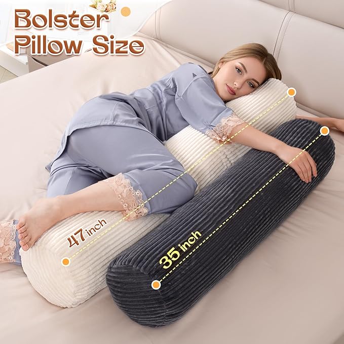 1 MIDDLE ONE Body Pillow for Adults, Long Bolster Pillow for Bed, Decorative Round Roll Hug Pillow with Corduroy Cover (Black, 47x7.87 Inch)