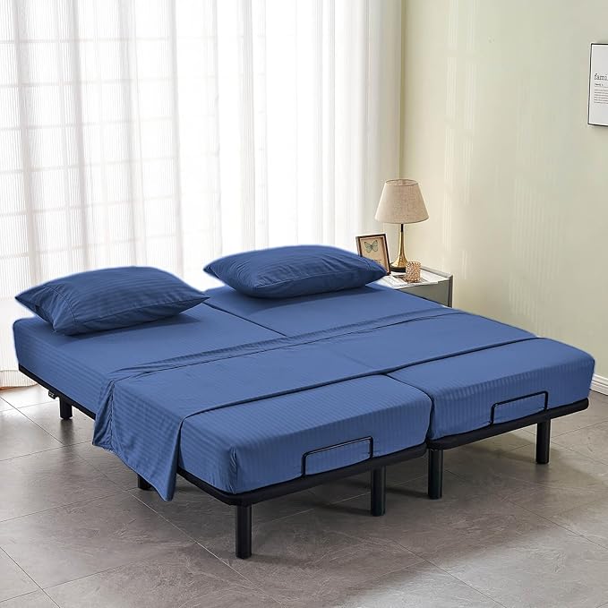 Kingnex Striped Split Queen Sheets for Adjustable Bed Soft 1800 Brushed Microfiber 5 Pieces Set Includes 2 30x80 Fitted Sheets with 14 Max Deep 1 Flat Sheet 2 Queen Size Pillowcases Navy