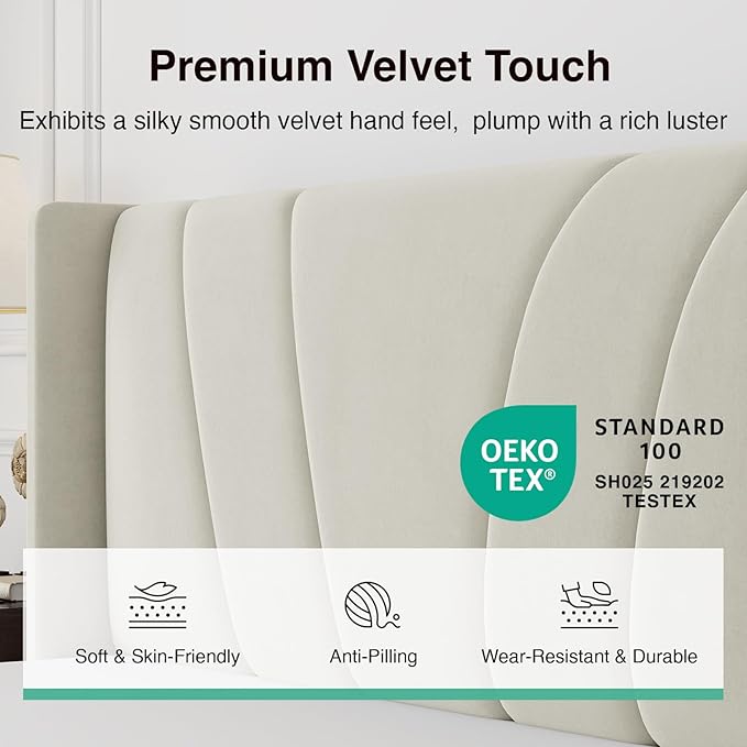 Novilla Bed Frame Queen Size, Queen Bed Frame with Headboard, Velvet Upholstered Wing Side Headboard, No Box Spring Needed, Heavy Duty Feet, Easy Assembly, White Velvet