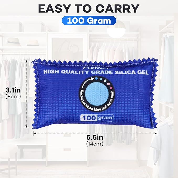 FURWEY 12 Pack Rechargeable Desiccant Packs, 100g Each, Blue, Color Indicating Silica Gel Dehumidifier Bags for Storage, Closets, Cars, Bins